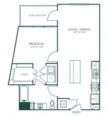 Floor plan for 1 bed, 1 bath, 765 sqft